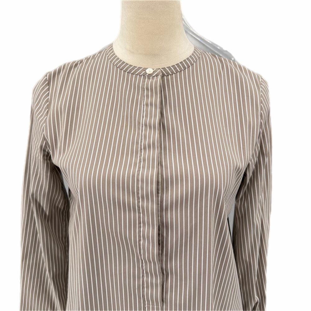 Theory Beige & White Vertical Striped Half Button Down Round Neck Cotton Blouse - Picture 4 of 12